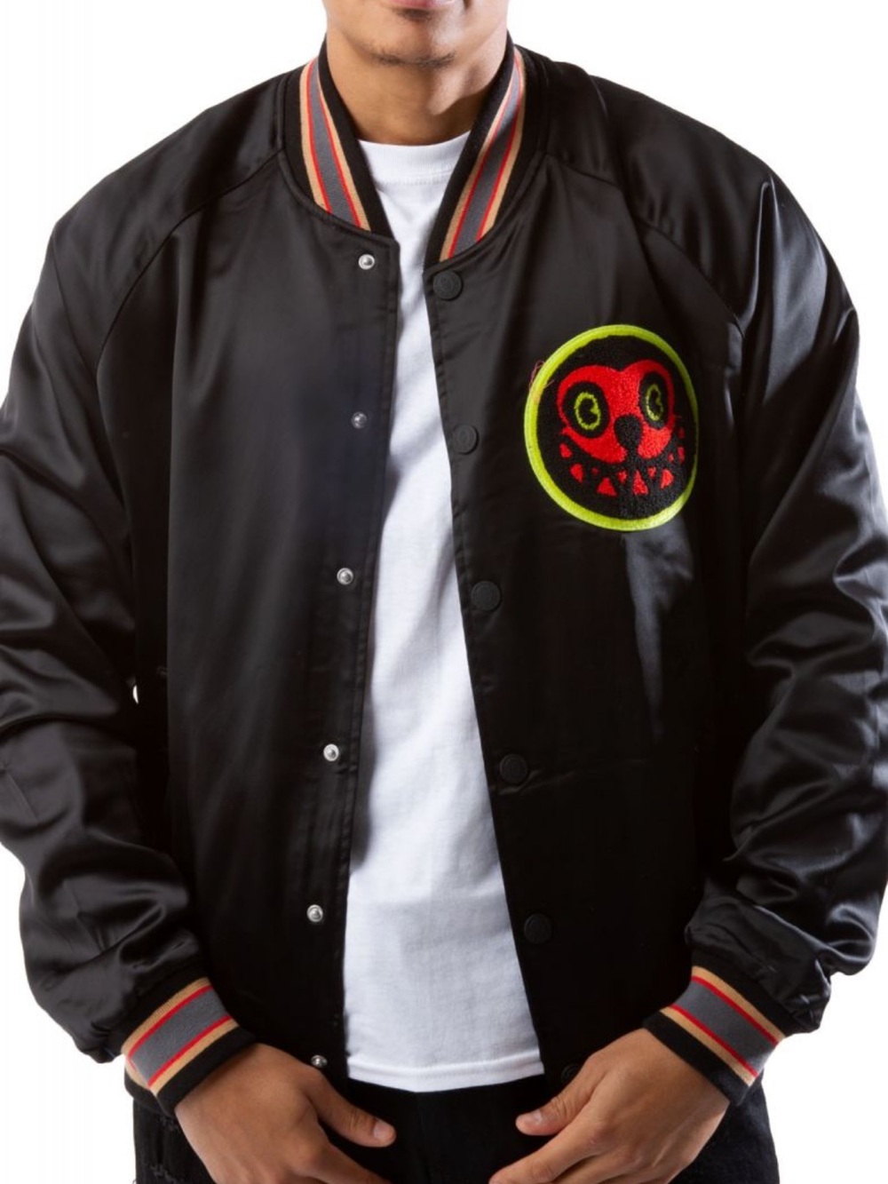 Icecream Black Satin Bomber Jacket with Yellow & Red Smiley Patch